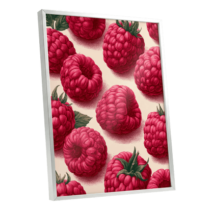 Raspberry Reverie, pink, red, green nature wall art shown as a silver framed poster wall art print
