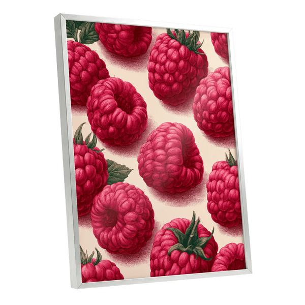 Raspberry Reverie, pink, red, green nature wall art shown as a silver framed poster wall art print