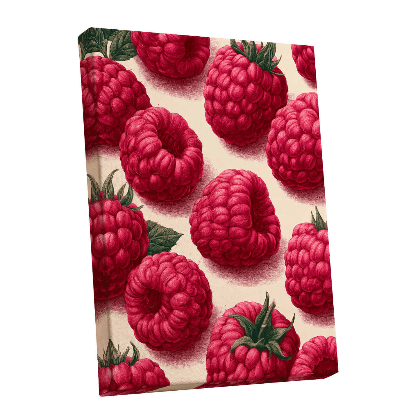 Raspberry Reverie, pink, red, green nature wall art shown as a stretched canvas wall art