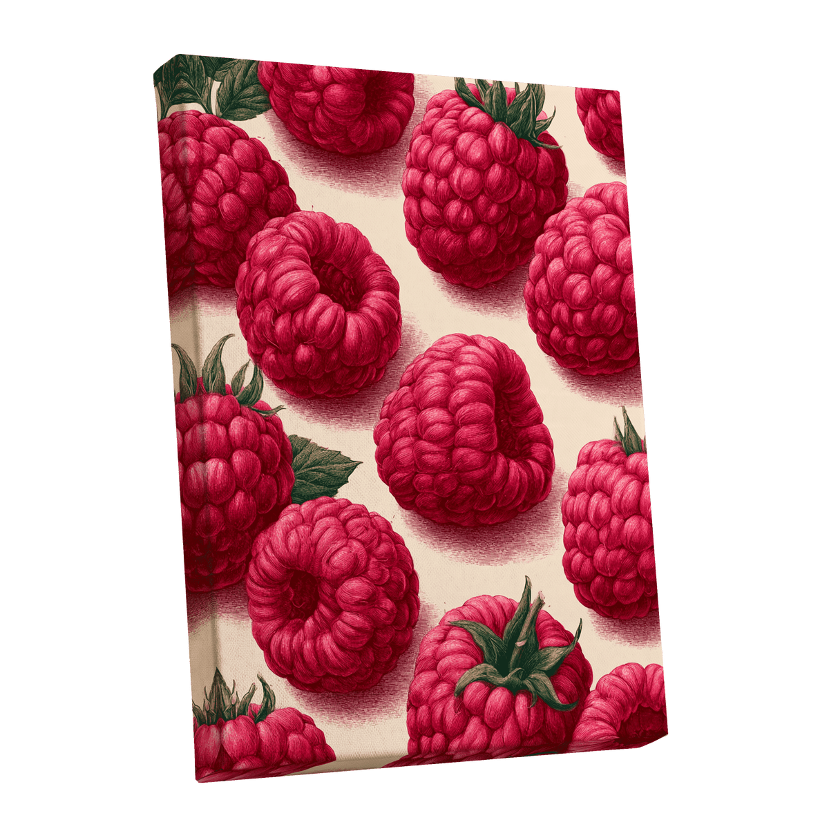 Raspberry Reverie, pink, red, green nature wall art shown as a stretched canvas wall art