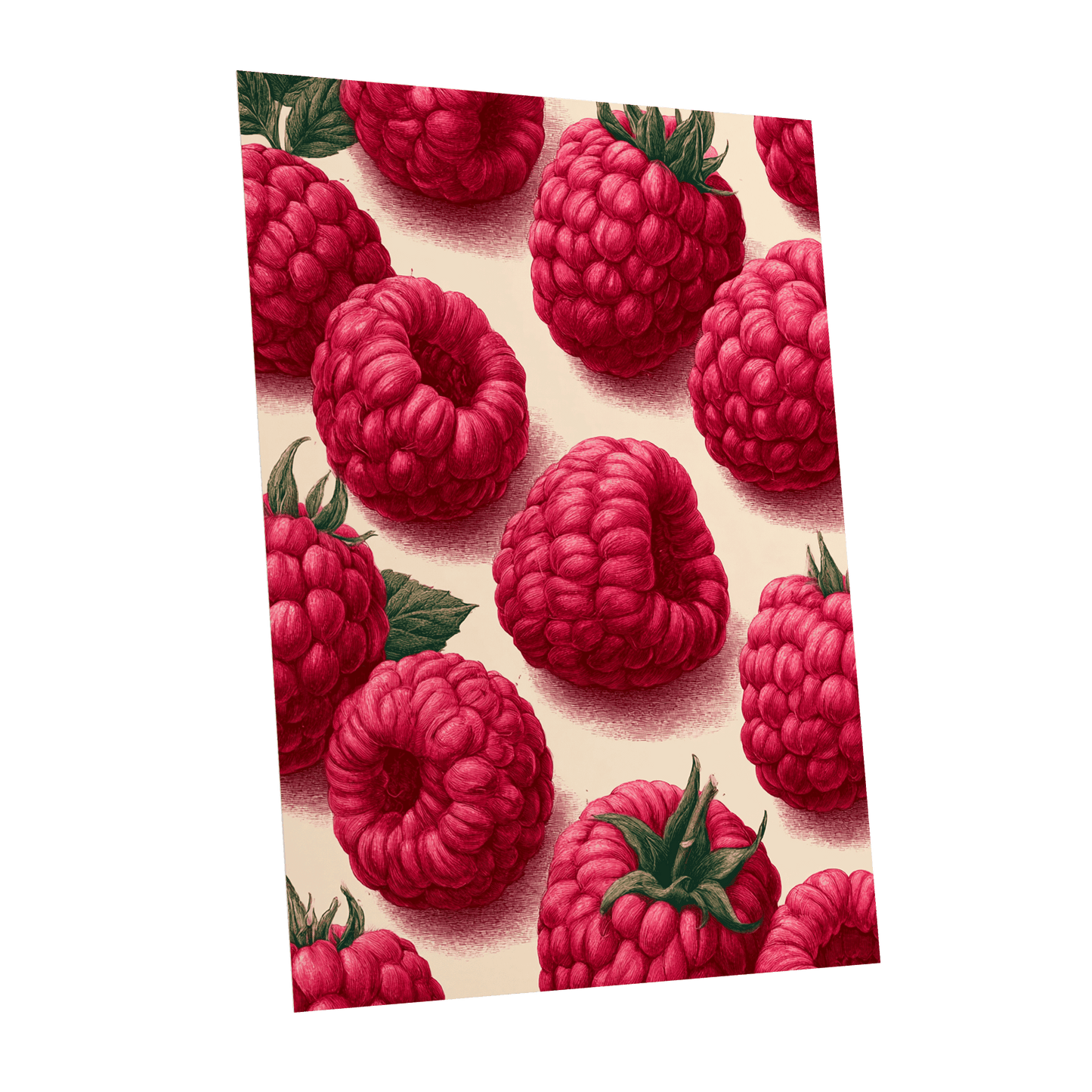 Raspberry Reverie, pink, red, green nature wall art shown as a unframed poster wall art print