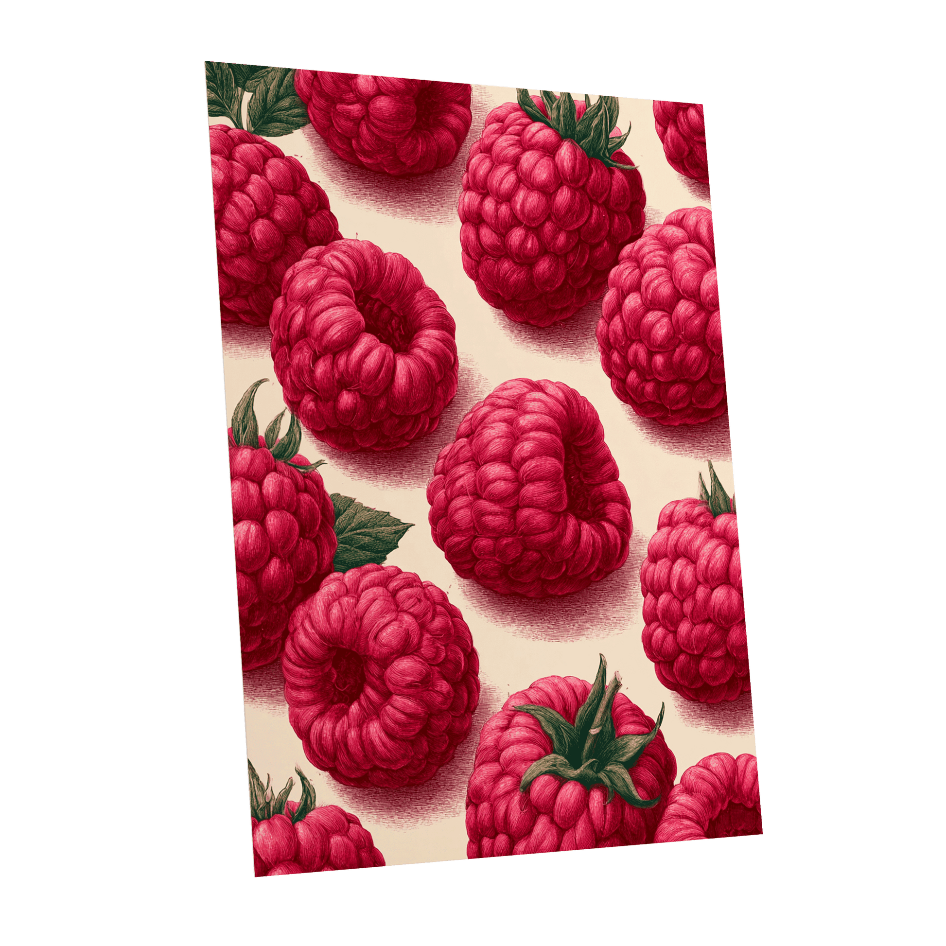 Raspberry Reverie, pink, red, green nature wall art shown as a unframed poster wall art print
