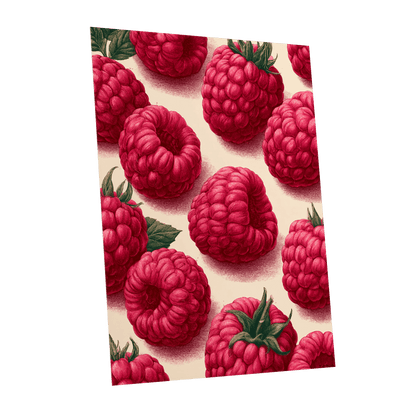 Raspberry Reverie, pink, red, green nature wall art shown as a unframed poster wall art print