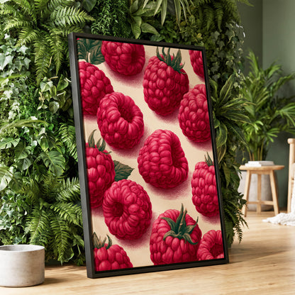 Raspberry Reverie, pink, red, green nature wall art displayed in a styled interior, gallery view 1