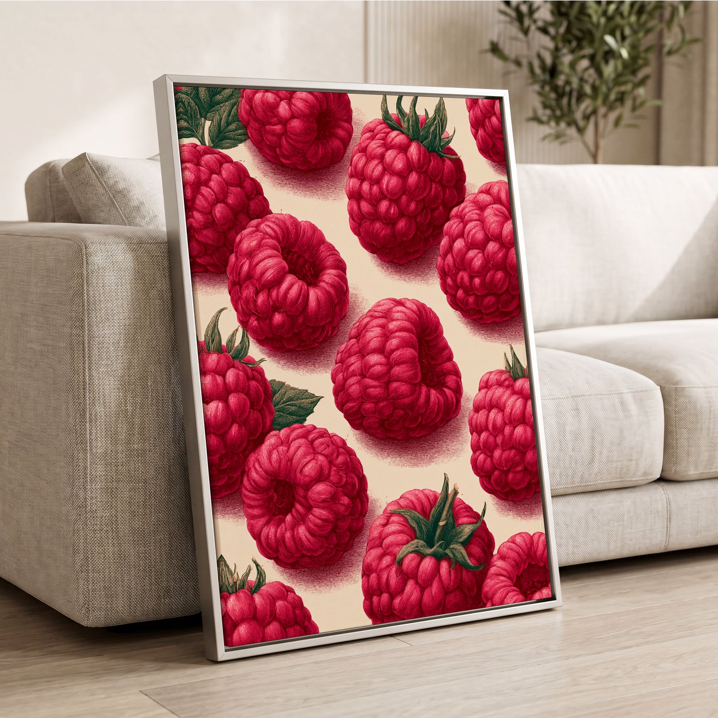 Raspberry Reverie, pink, red, green nature wall art displayed in a styled interior, gallery view 2