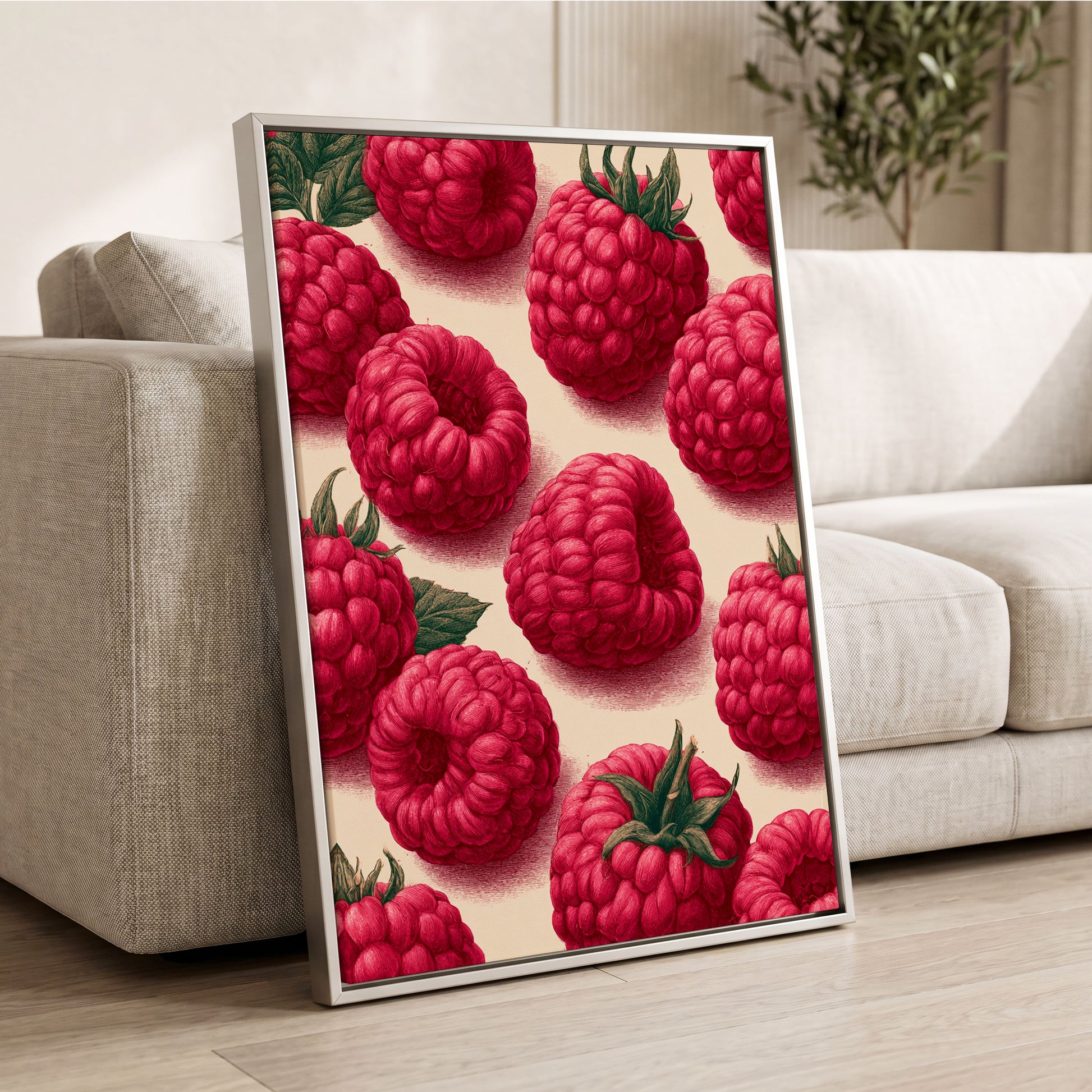 Raspberry Reverie, pink, red, green nature wall art displayed in a styled interior, gallery view 2