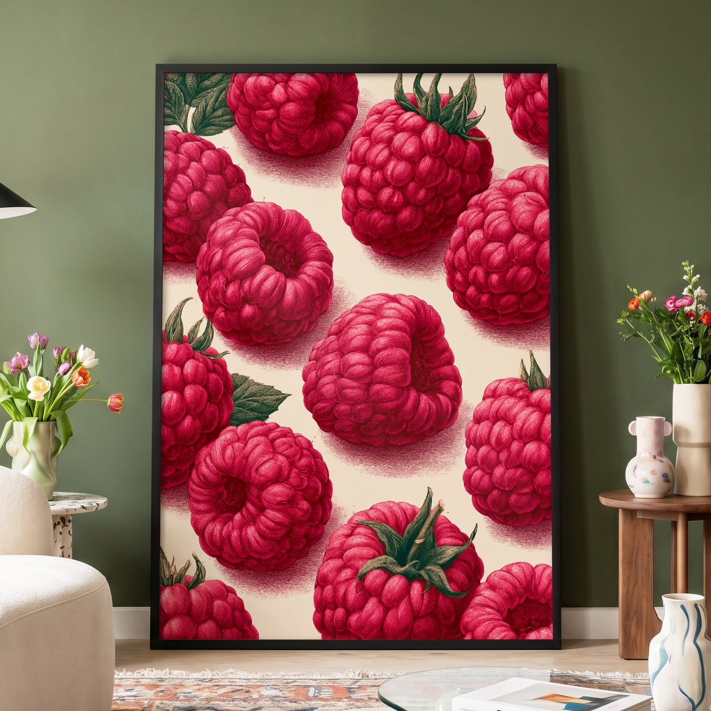 Raspberry Reverie, pink, red, green nature wall art displayed in a styled interior, gallery view 4
