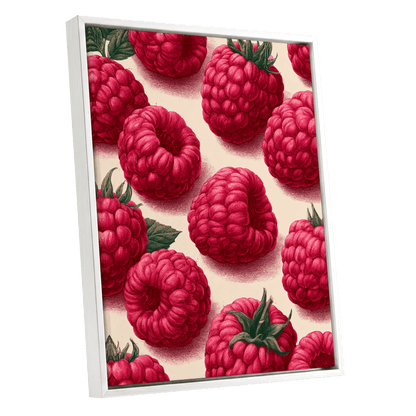 Raspberry Reverie, pink, red, green nature wall art shown as a white framed canvas wall art