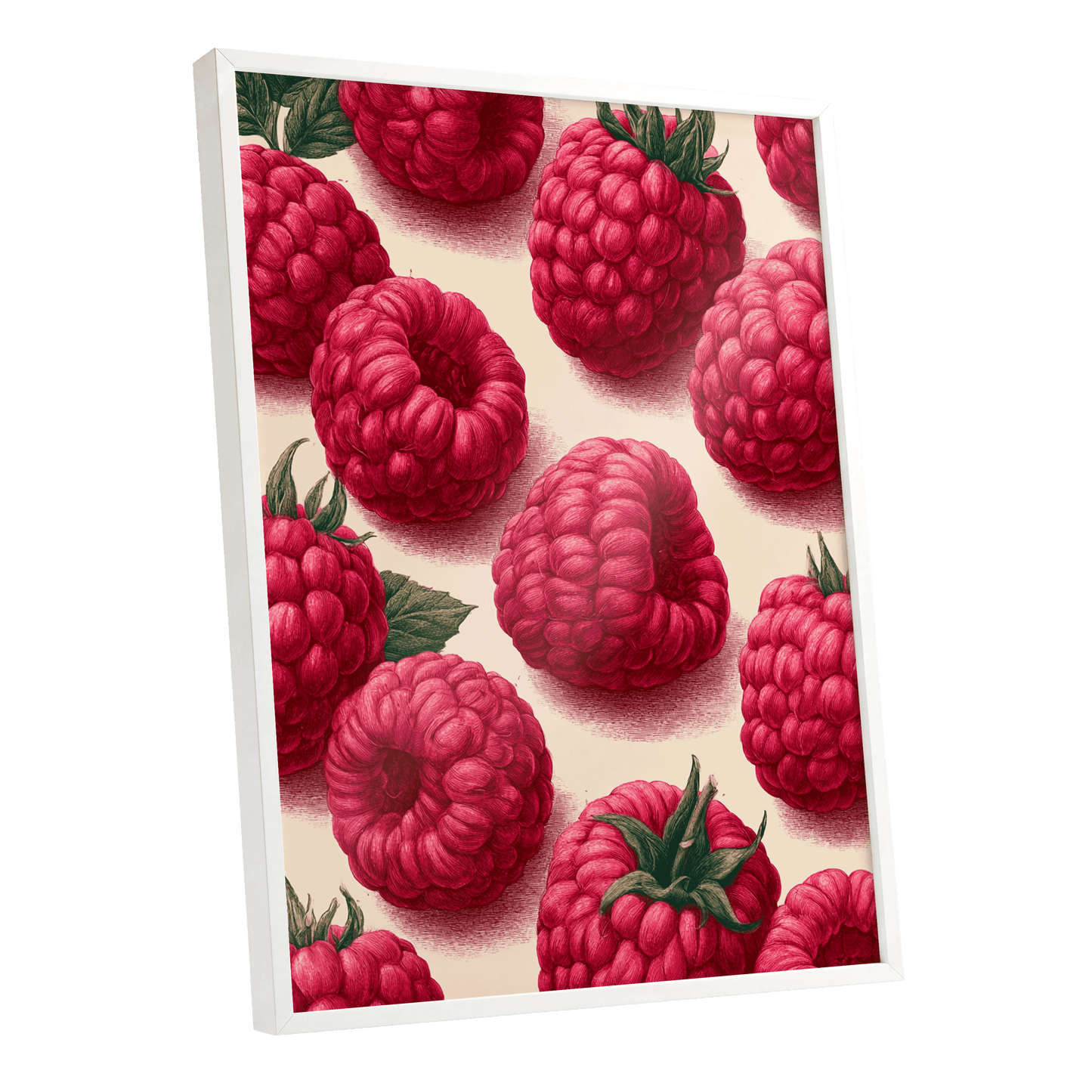 Raspberry Reverie, pink, red, green nature wall art shown as a white framed poster wall art print