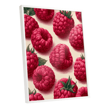 Raspberry Reverie, pink, red, green nature wall art shown as a white framed poster wall art print