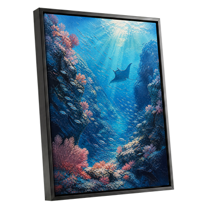 Ray Through the Blue, blue, pink, black nature wall art shown as a black framed canvas wall art