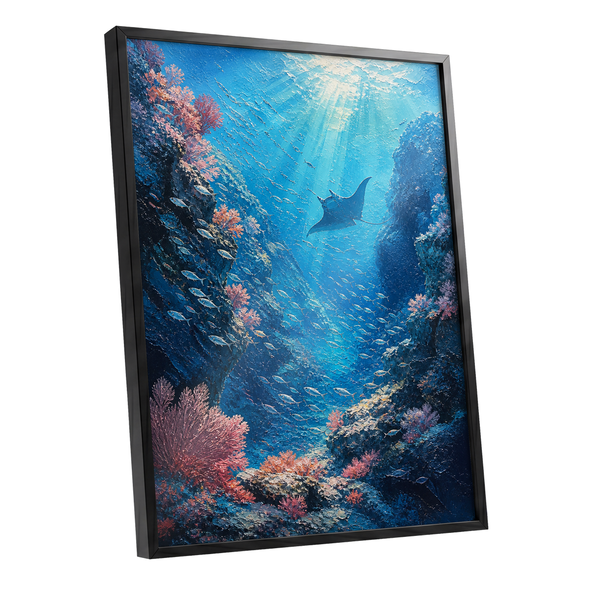 Ray Through the Blue, blue, pink, black nature wall art shown as a black framed poster wall art print