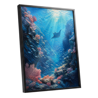 Ray Through the Blue, blue, pink, black nature wall art shown as a black framed poster wall art print