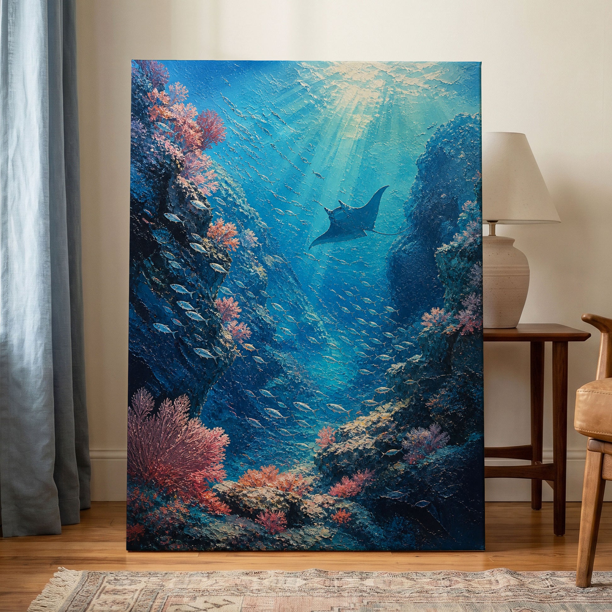 Ray Through the Blue, blue, pink, black nature wall art on canvas displayed in a styled interior, gallery view 1