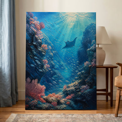 Ray Through the Blue, blue, pink, black nature wall art on canvas displayed in a styled interior, gallery view 1