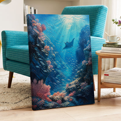 Ray Through the Blue, blue, pink, black nature wall art on canvas displayed in a styled interior, gallery view 2