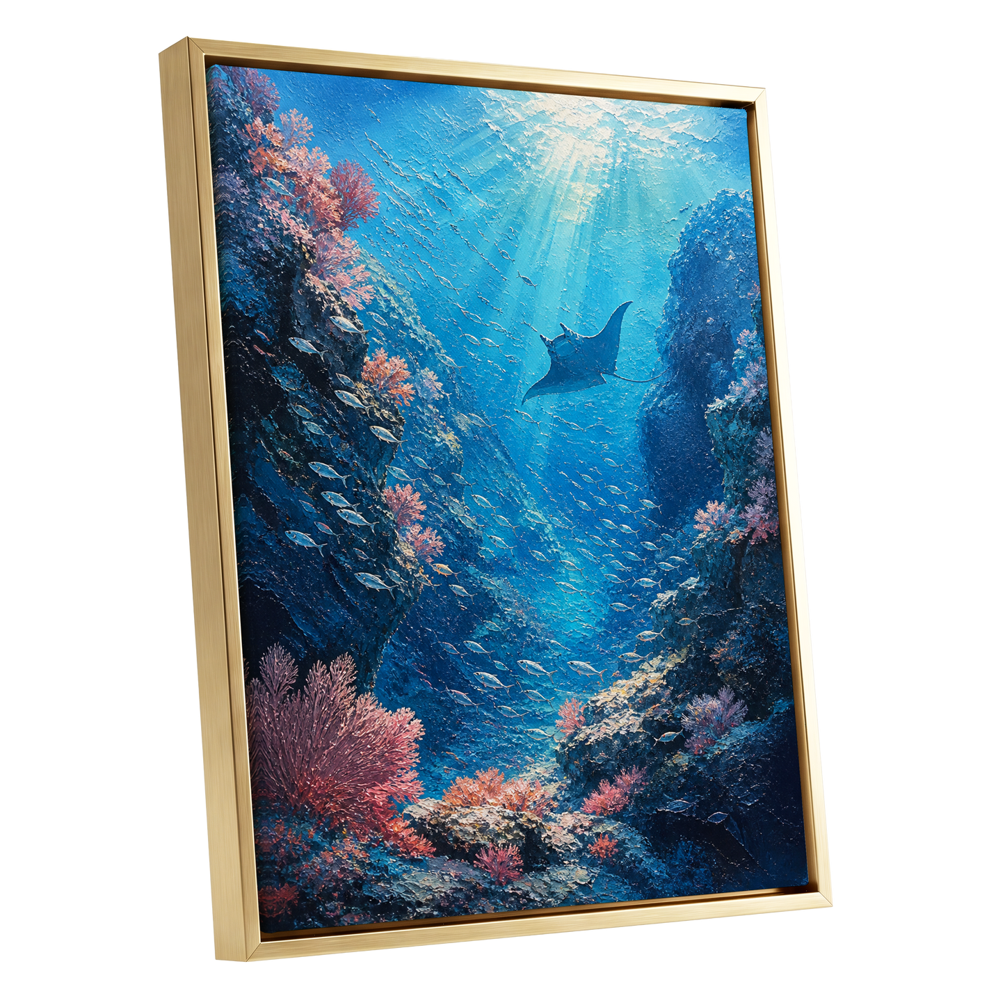Ray Through the Blue, blue, pink, black nature wall art shown as a gold framed canvas wall art
