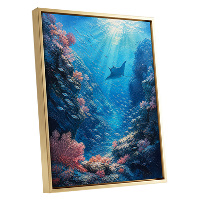 Ray Through the Blue, blue, pink, black nature wall art shown as a gold framed canvas wall art