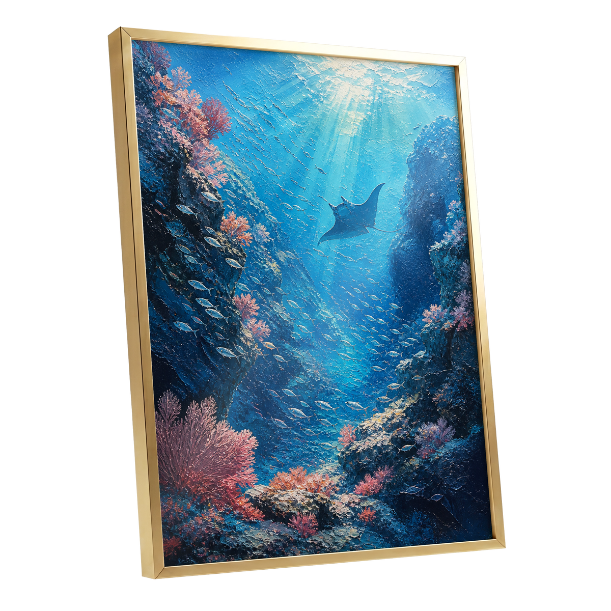 Ray Through the Blue, blue, pink, black nature wall art shown as a gold framed poster wall art print