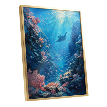 Ray Through the Blue, blue, pink, black nature wall art shown as a gold framed poster wall art print