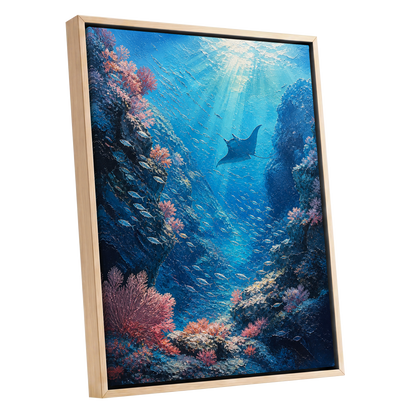 Ray Through the Blue, blue, pink, black nature wall art shown as a oak framed canvas wall art