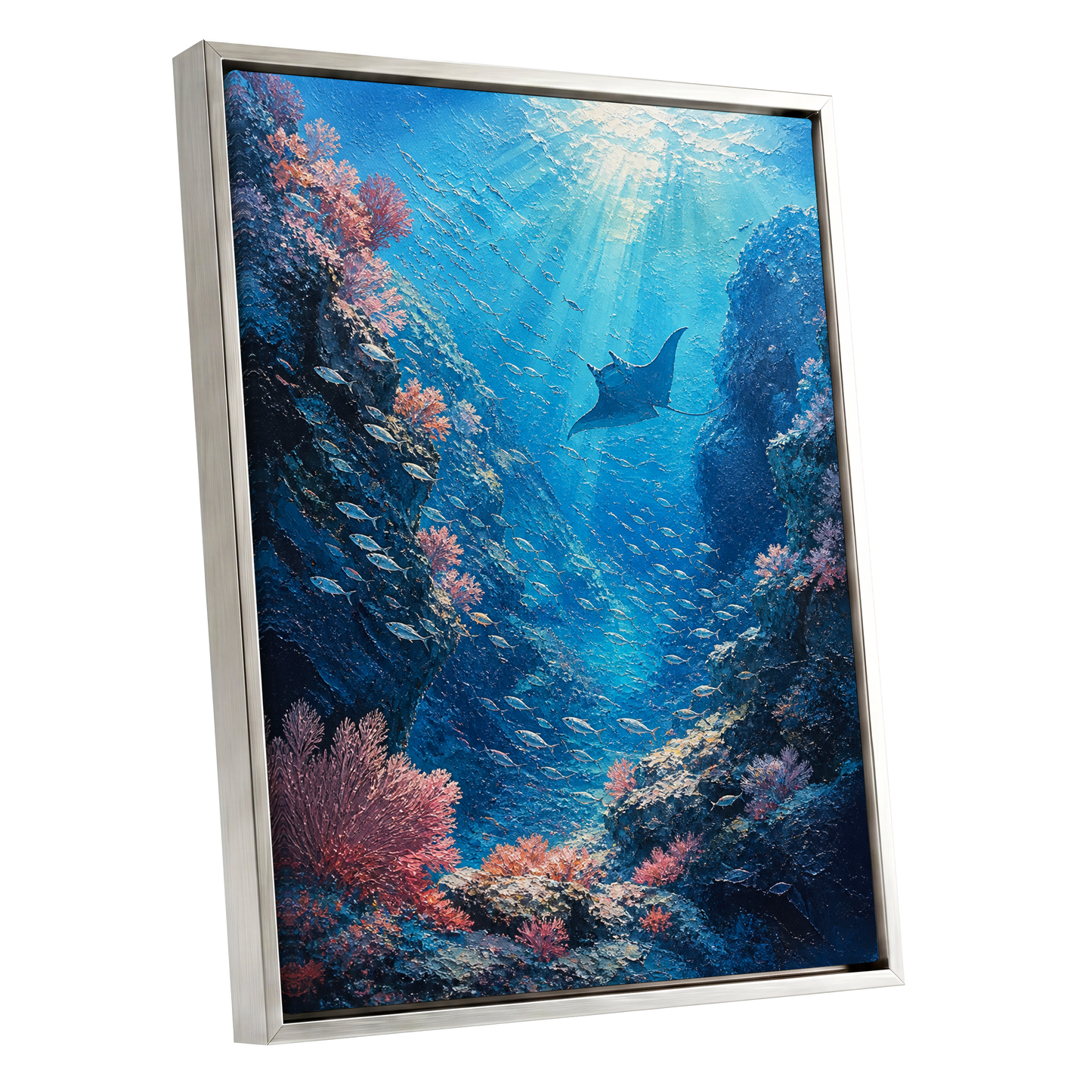 Ray Through the Blue, blue, pink, black nature wall art shown as a silver framed canvas wall art