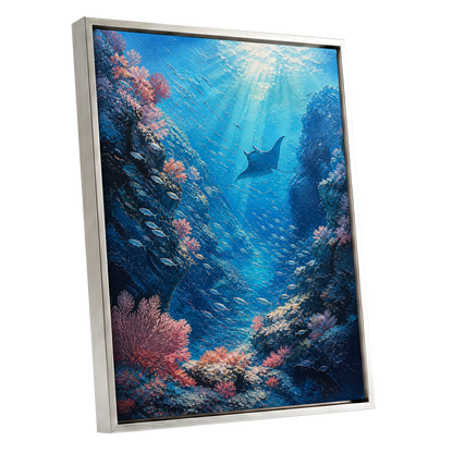 Ray Through the Blue, blue, pink, black nature wall art shown as a silver framed canvas wall art