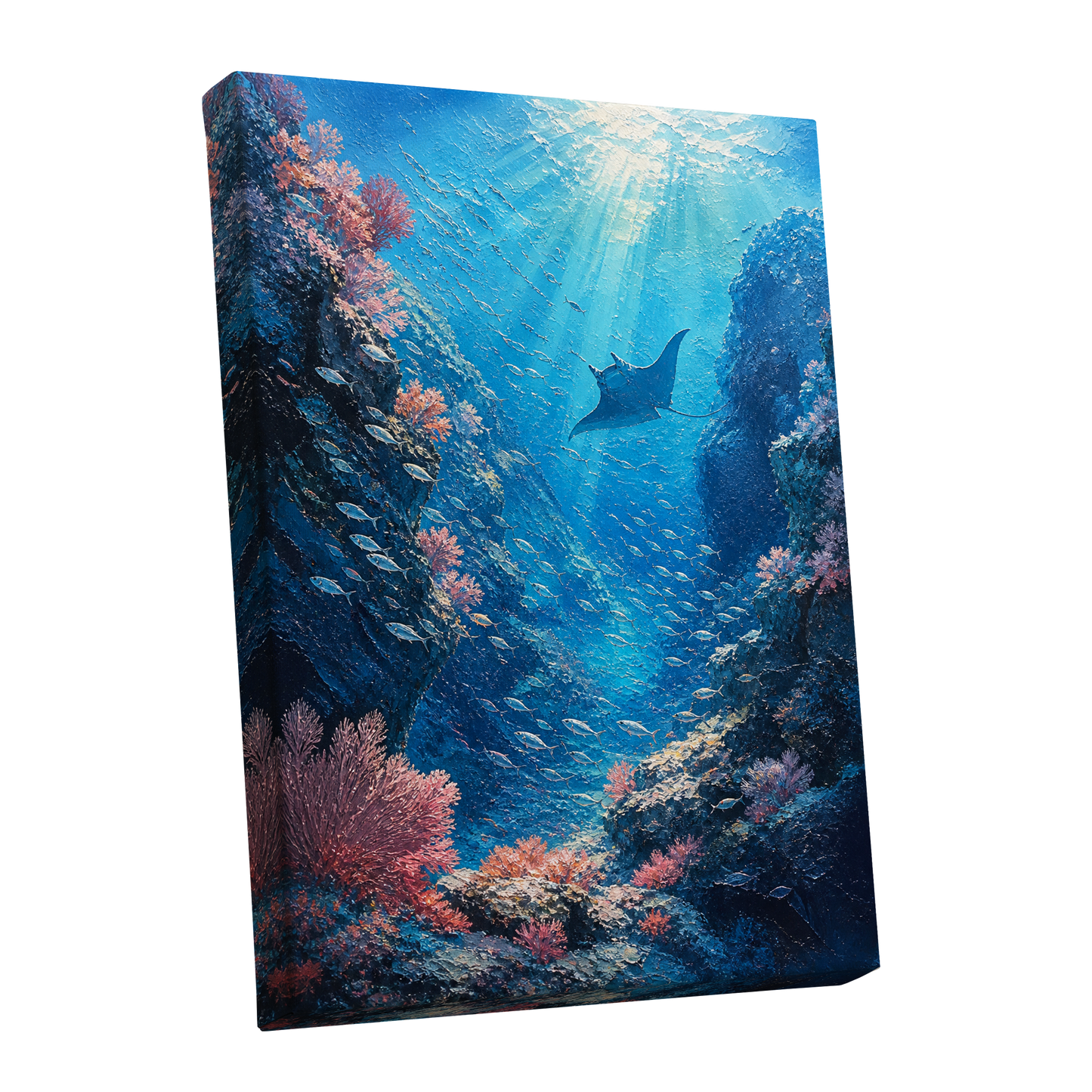 Ray Through the Blue, blue, pink, black nature wall art shown as a stretched canvas wall art