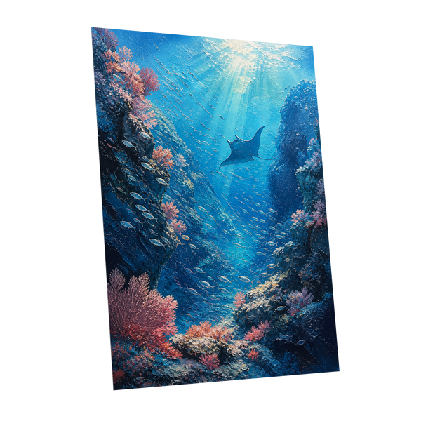 Ray Through the Blue, blue, pink, black nature wall art shown as a unframed poster wall art print