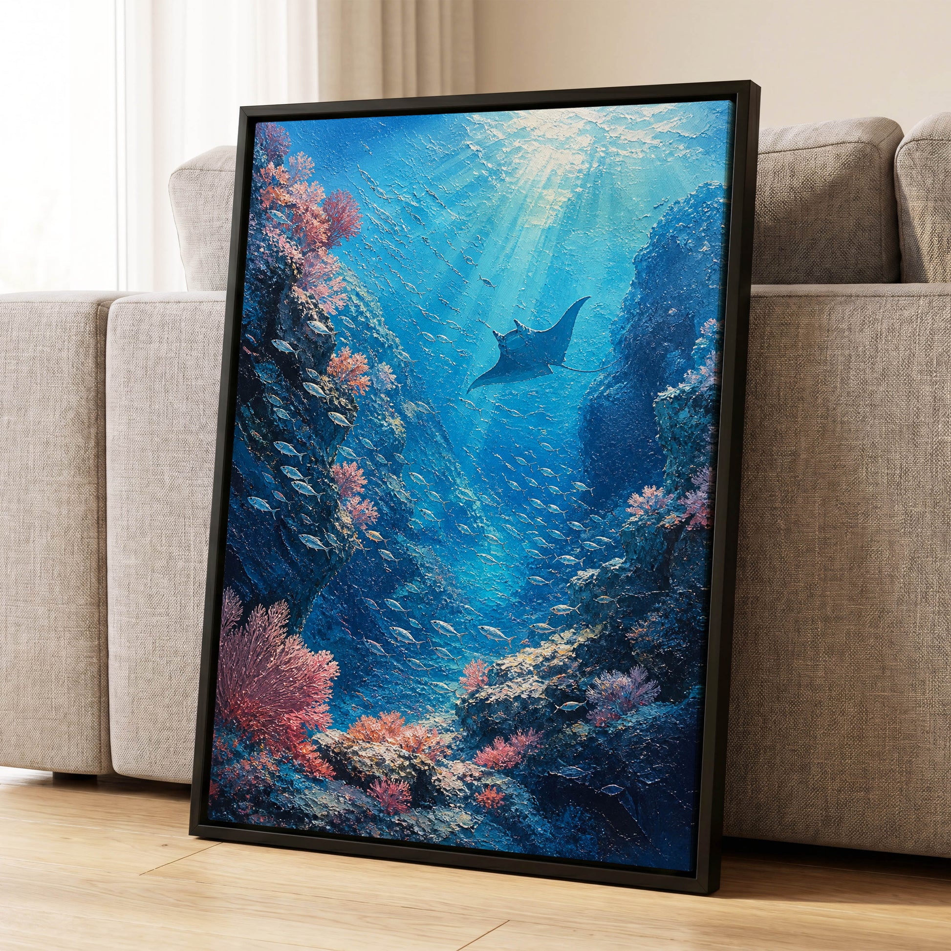 Ray Through the Blue, blue, pink, black nature wall art displayed in a styled interior, gallery view 1