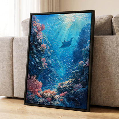 Ray Through the Blue, blue, pink, black nature wall art displayed in a styled interior, gallery view 1