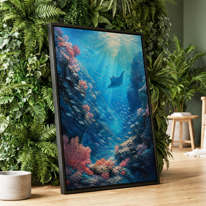 Ray Through the Blue, blue, pink, black nature wall art displayed in a styled interior, gallery view 2