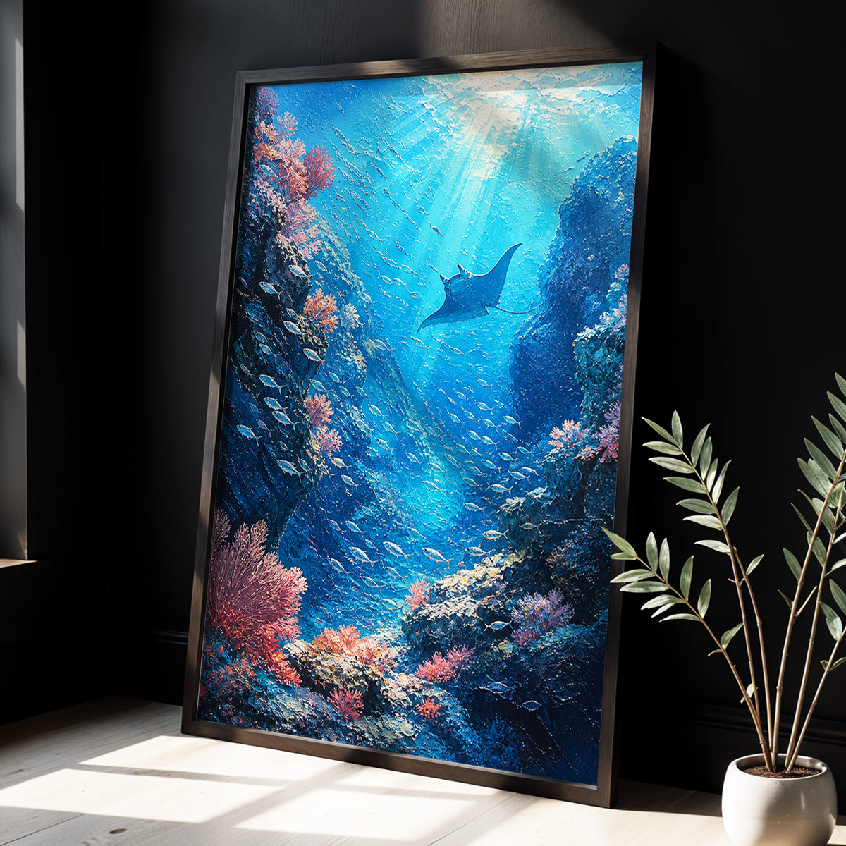 Ray Through the Blue, blue, pink, black nature wall art displayed in a styled interior, gallery view 3