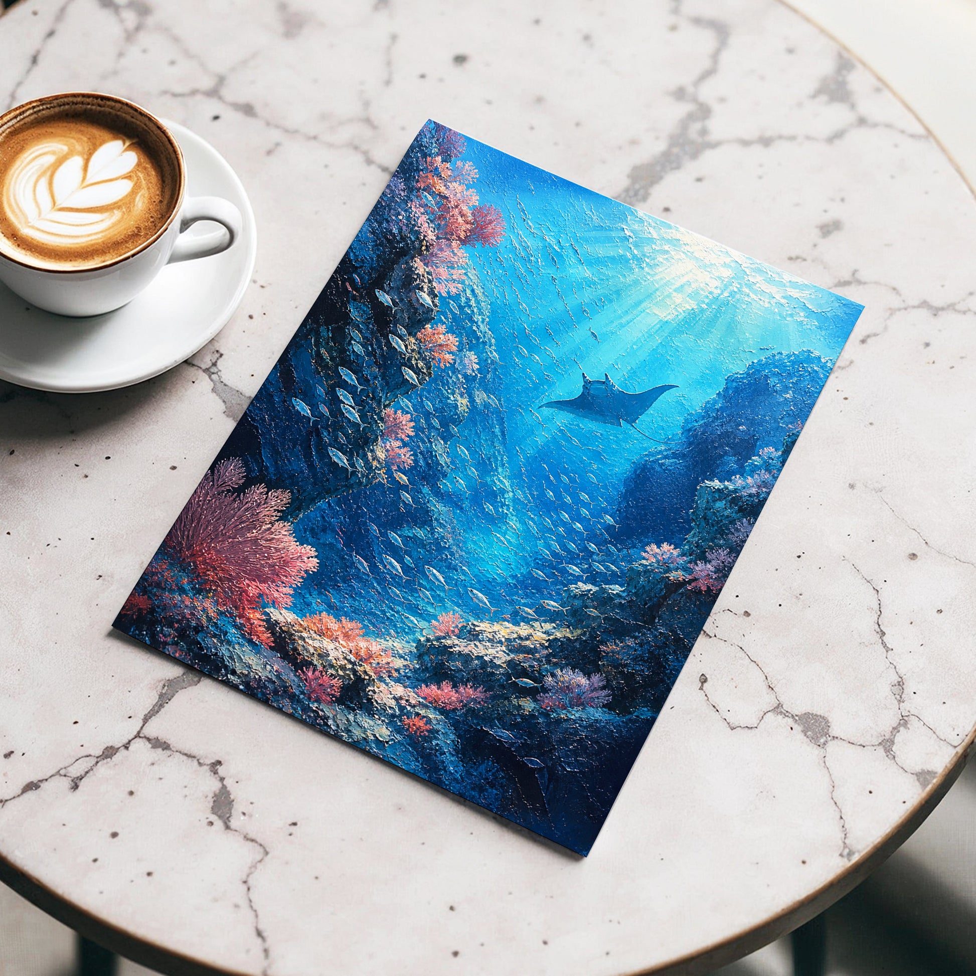 Ray Through the Blue, blue, pink, black nature wall art displayed in a styled interior, gallery view 4