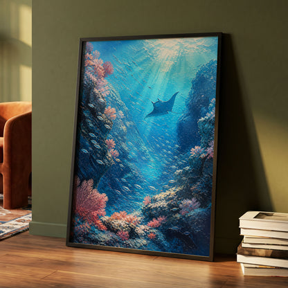 Ray Through the Blue, blue, pink, black nature wall art displayed in a styled interior, gallery view 5