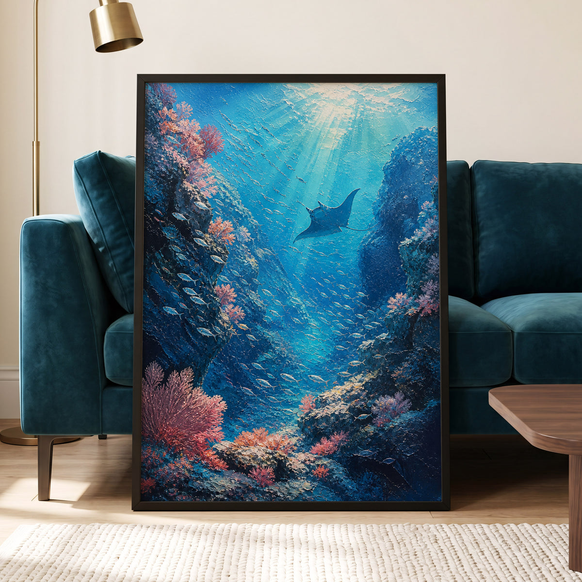 Ray Through the Blue, blue, pink, black nature wall art displayed in a styled interior, gallery view 6
