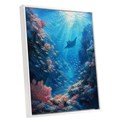 Ray Through the Blue, blue, pink, black nature wall art shown as a white framed canvas wall art