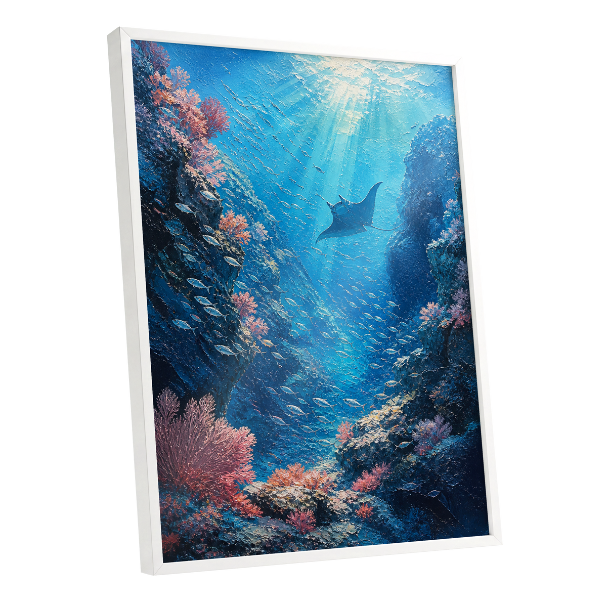 Ray Through the Blue, blue, pink, black nature wall art shown as a white framed poster wall art print