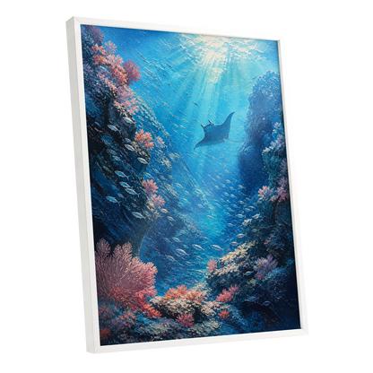 Ray Through the Blue, blue, pink, black nature wall art shown as a white framed poster wall art print