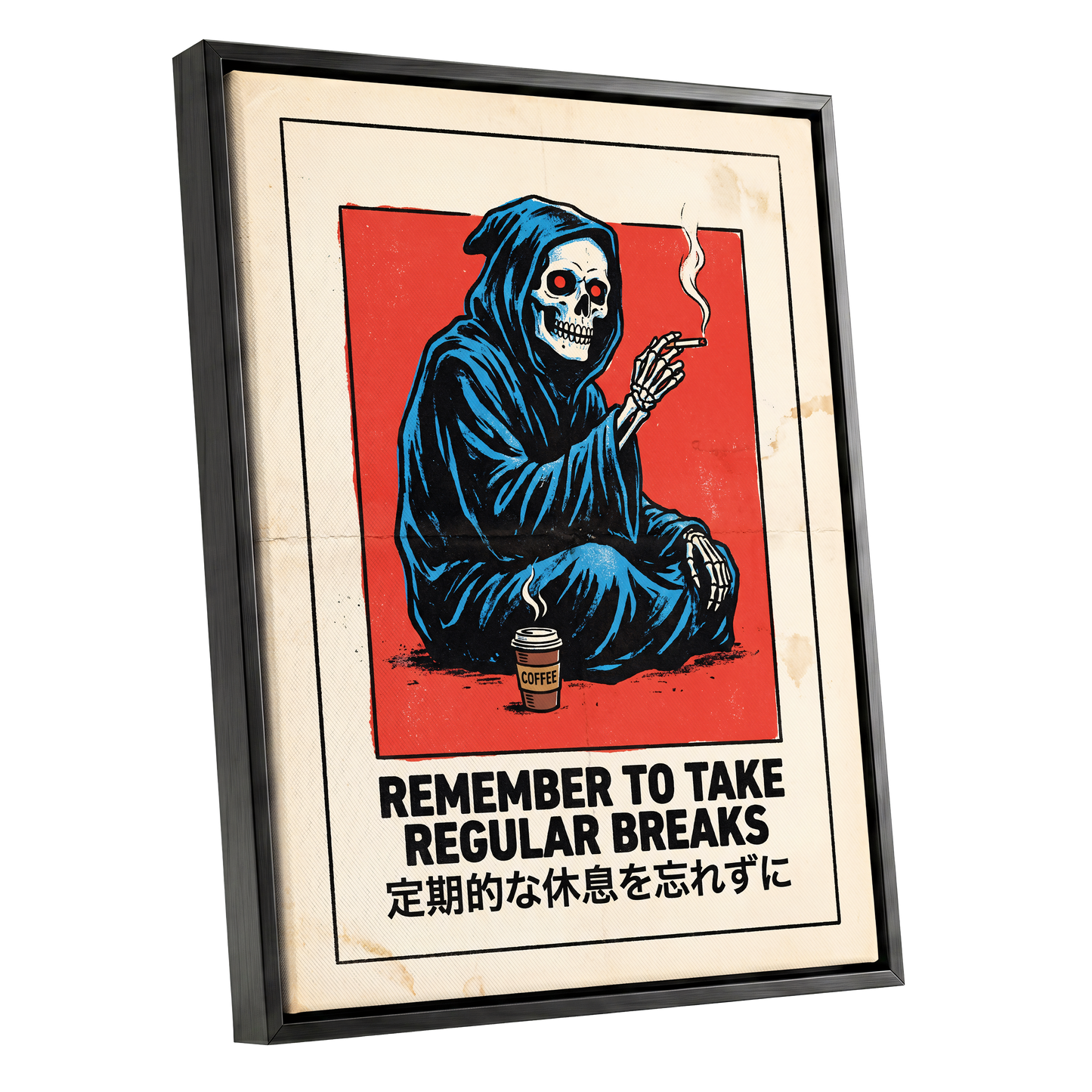 Reaper's Rest Reminder, black, beige, blue minimalist wall art shown as a black framed canvas wall art