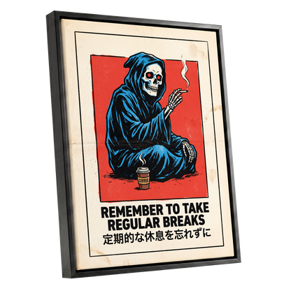 Reaper's Rest Reminder, black, beige, blue minimalist wall art shown as a black framed canvas wall art