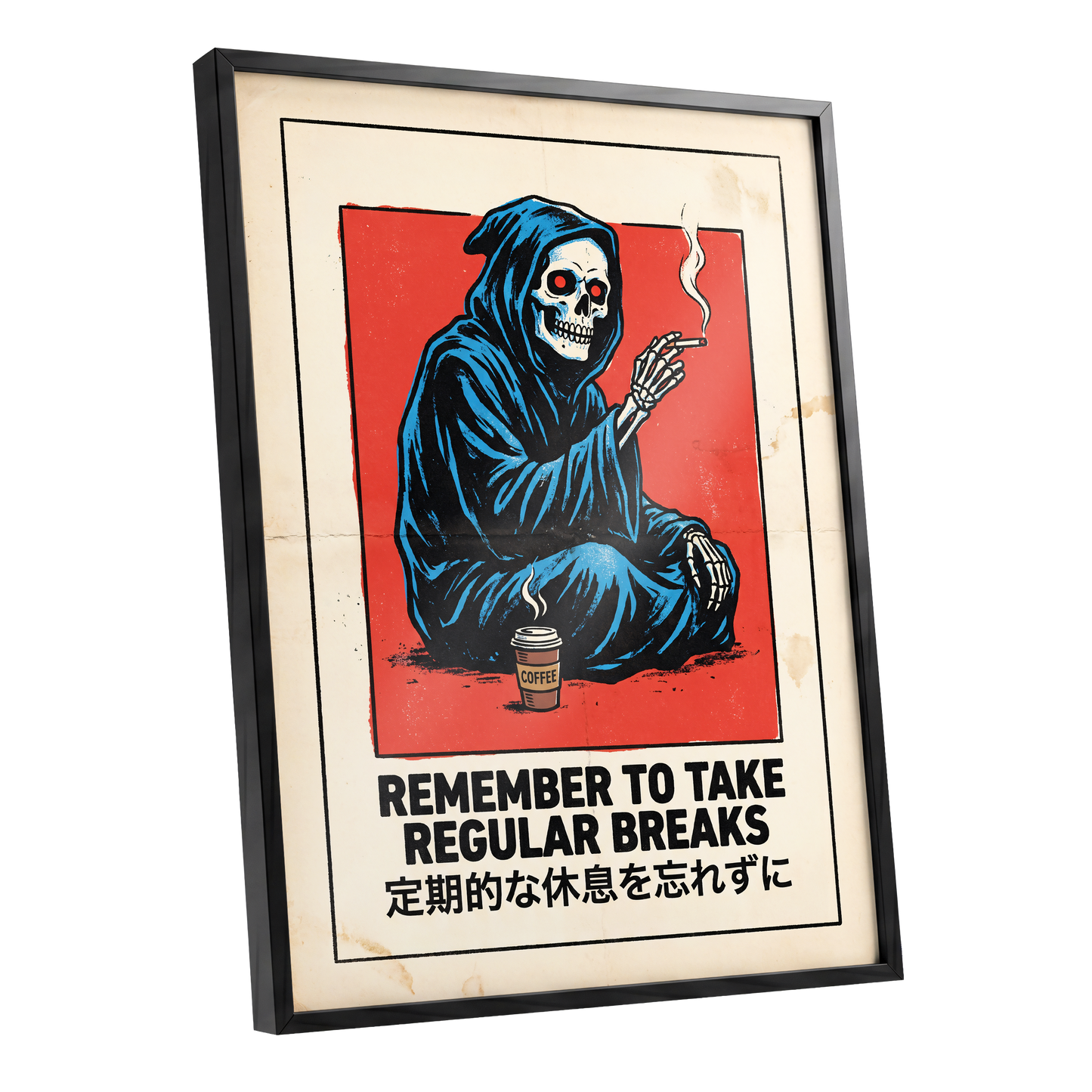 Reaper's Rest Reminder, black, beige, blue minimalist wall art shown as a black framed poster wall art print