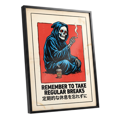 Reaper's Rest Reminder, black, beige, blue minimalist wall art shown as a black framed poster wall art print