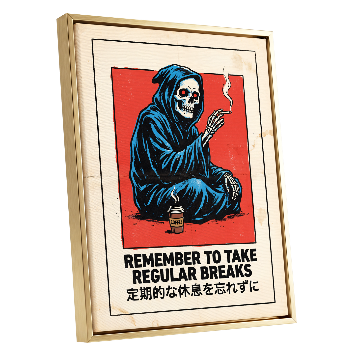 Reaper's Rest Reminder, black, beige, blue minimalist wall art shown as a gold framed canvas wall art