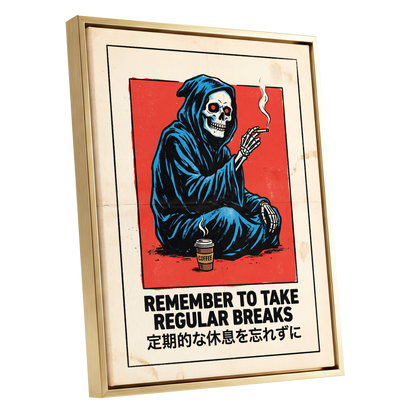 Reaper's Rest Reminder, black, beige, blue minimalist wall art shown as a gold framed canvas wall art