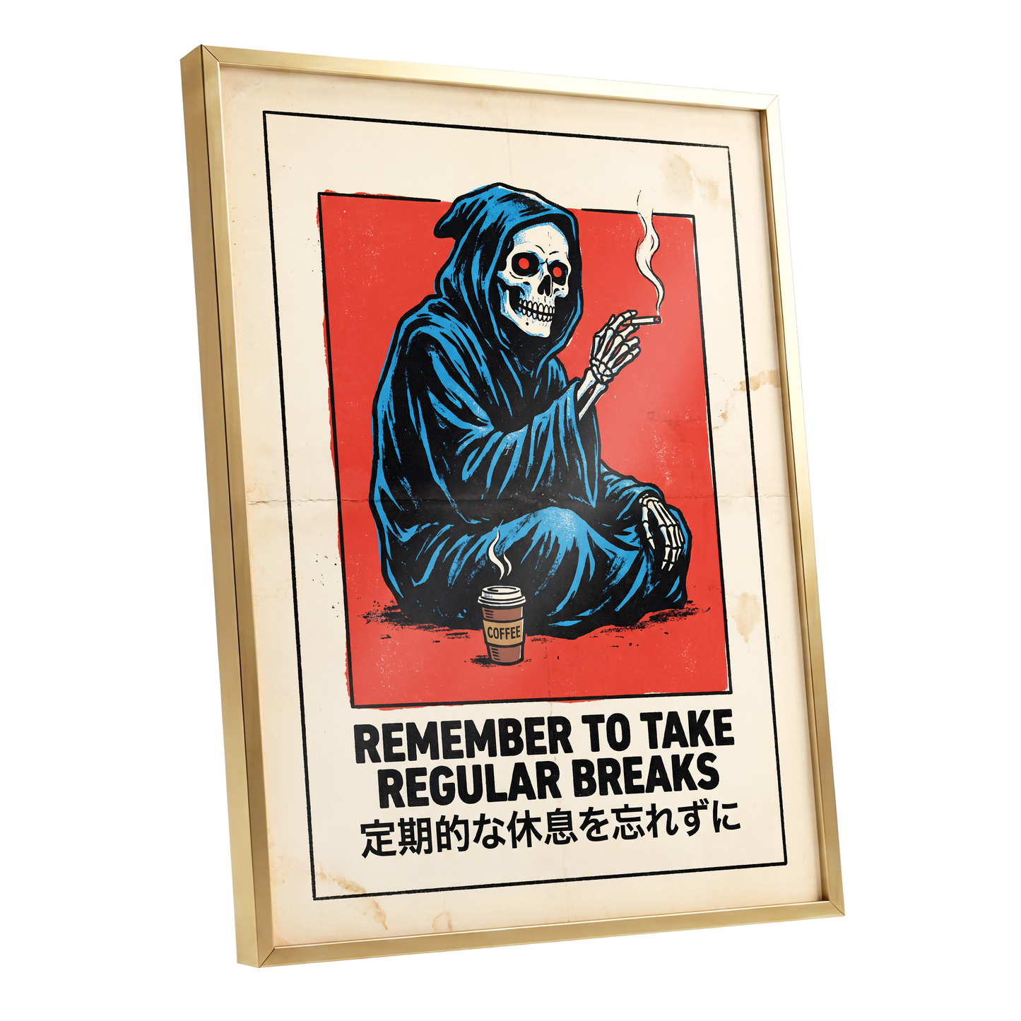 Reaper's Rest Reminder, black, beige, blue minimalist wall art shown as a gold framed poster wall art print