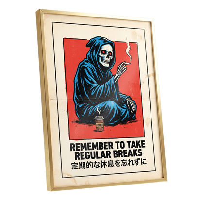 Reaper's Rest Reminder, black, beige, blue minimalist wall art shown as a gold framed poster wall art print