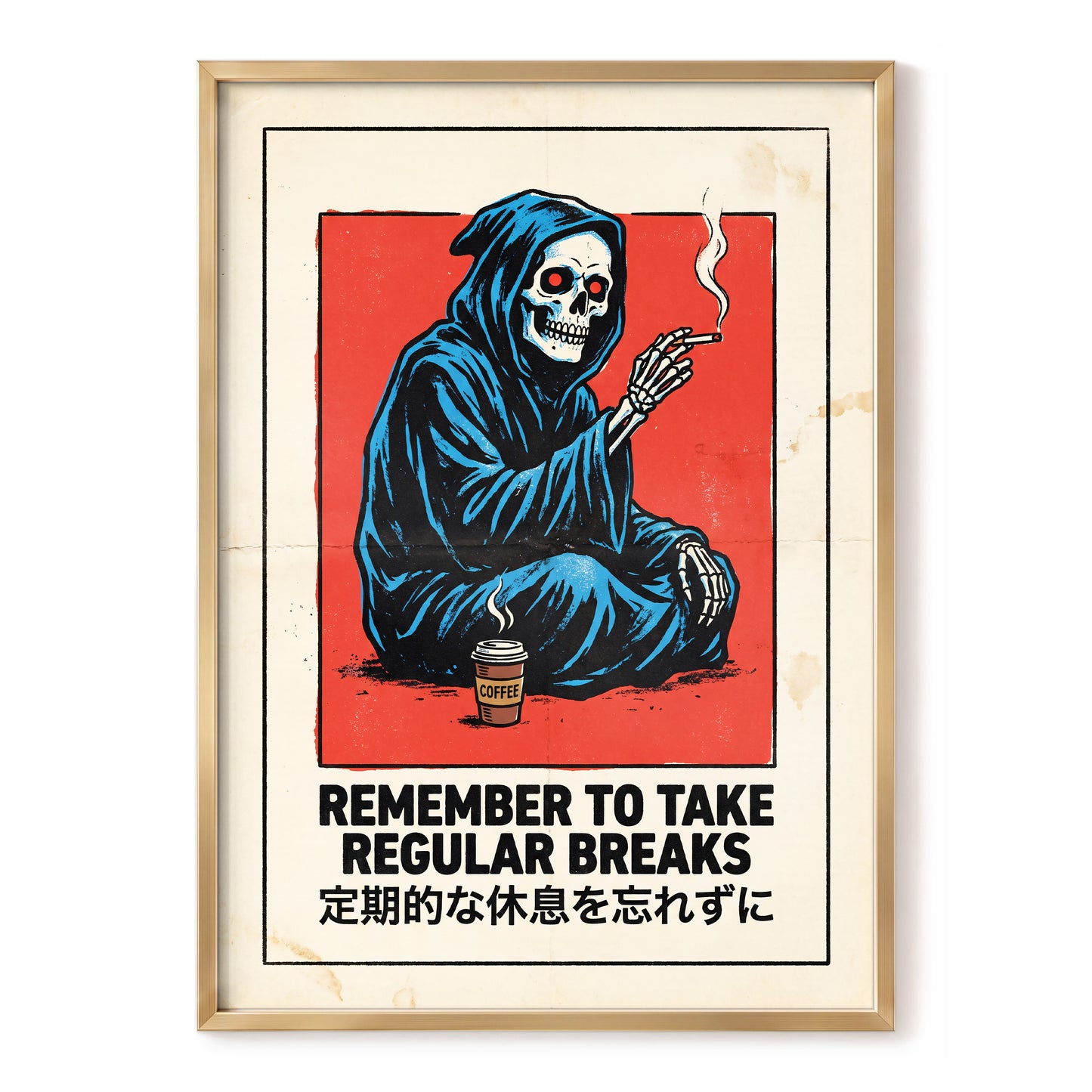 Reaper's Rest Reminder, black, beige, blue minimalist wall art, front artwork view