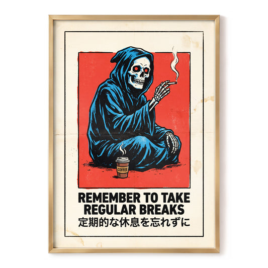 Reaper's Rest Reminder, black, beige, blue minimalist wall art, front artwork view