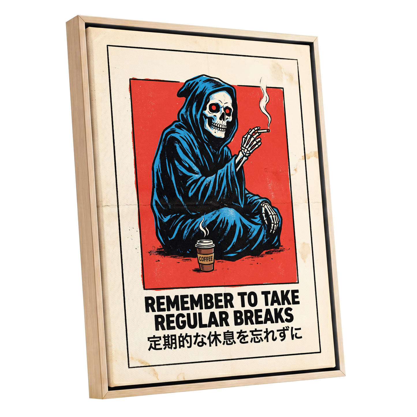 Reaper's Rest Reminder, black, beige, blue minimalist wall art shown as a oak framed canvas wall art